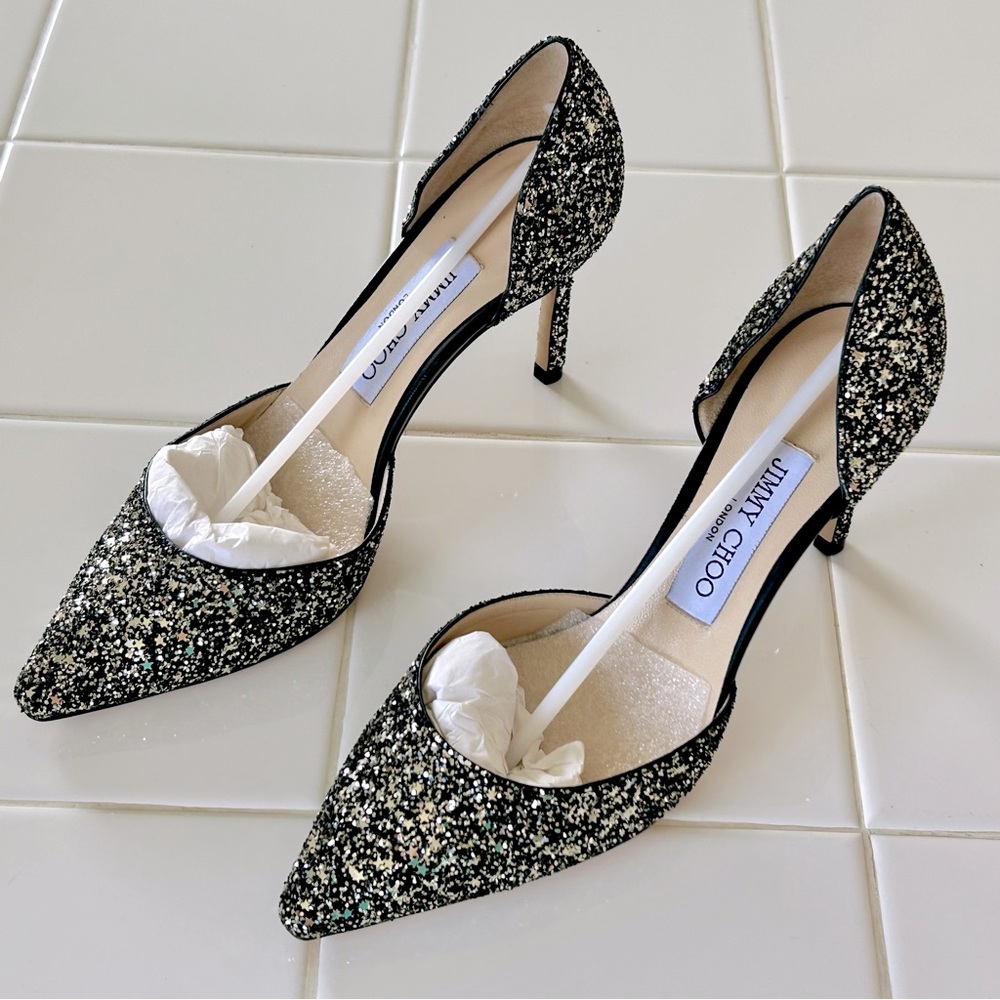 Jimmy Choo Romy 85 size 36.5, black and gold coarse glitter , used once.